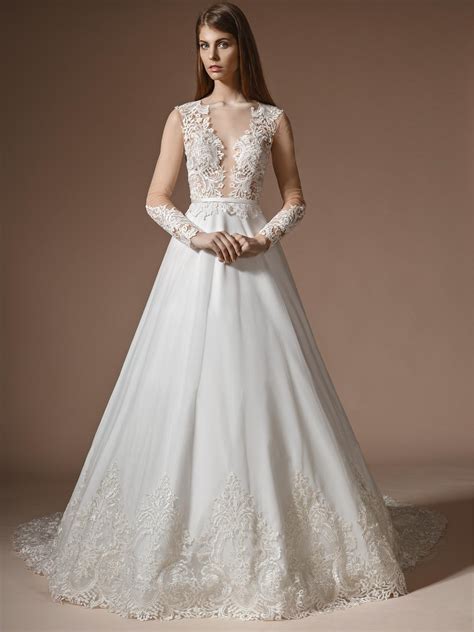 Papilio A Line Wedding Dress With Lace Bodice And Deep V Neckline