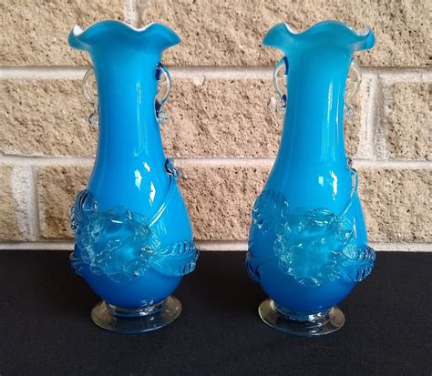Murano Blue Cased Hand Blown Art Glass Vases With Attached Clear Glass Floral Set Of 2
