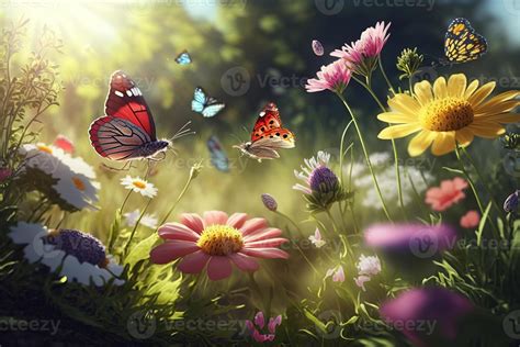 Butterflies Fly Over Field Colorful Flowers On A Sunny Day Wallpaper
