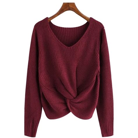 Womens V Neck Backless Sweaters Reversible Long Sleeve Cross Tie Knot