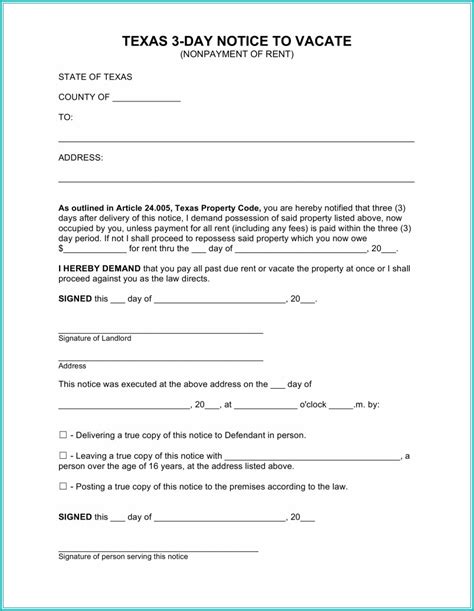 A texas eviction notice form for nonpayment of rent is a written document that states a tenant has 3 days to vacate the premises. Texas 3 Day Notice To Vacate Form - Form : Resume Examples #v19xGAX27E