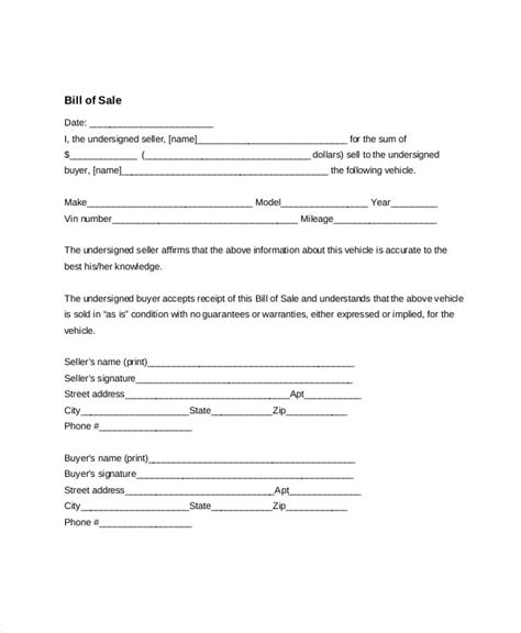 Free Bill Of Sale Forms 24 Word Pdf Eforms Basic Bill Of Sale