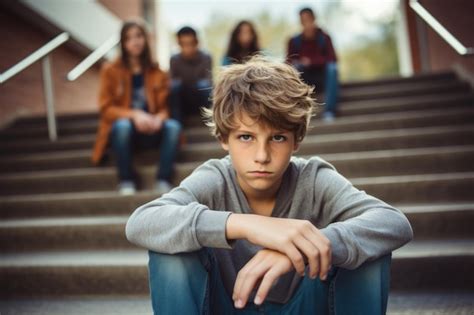 Écolier Assis Seul Dans Les Escaliers Victime De Harcèlement Scolaire