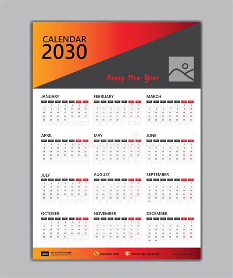 Wall Calendar 2030 Template Week Starts On Monday Set Of 12 Months