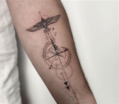 Fine Line Illustration Geometric Compass And Mountain And Bird