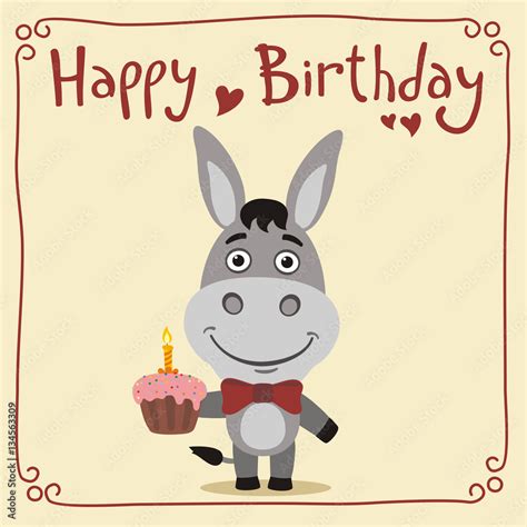 Happy Birthday Funny Donkey With Birthday Cake Greeting Card With Donkey In Cartoon Style