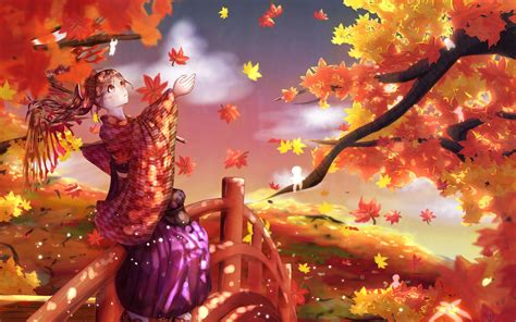 Download Wallpaper 3840x2400 Girl Kimono Maple Leaves Autumn Anime