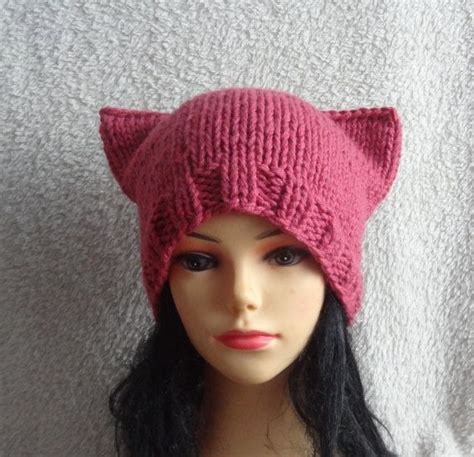 Raspberry Pink Cat Hat Chunky Beanie Knit Winter Hat By Ifonka