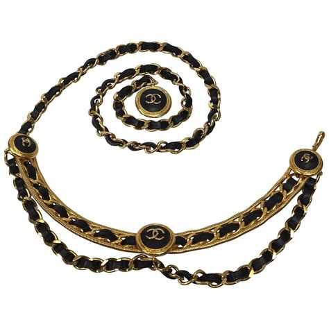 Chanel Vintage Black Leather Gold Chain Cc Clover Belt At 1stdibs
