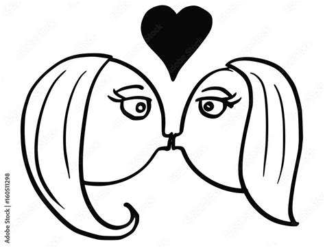 vector cartoon of woman and woman two lesbian women in love kissing each other with heart symbol