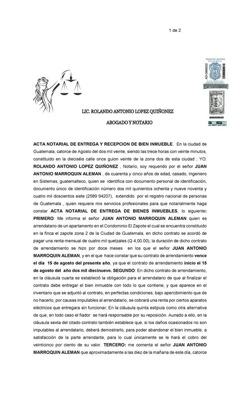 Acta Notarial De Entrega De Bienes 1 De 2 LIC ROLANDO ANTONIO LOPEZ