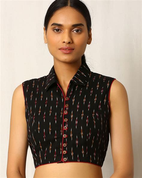 Buy Black Indie Picks Handwoven Ikat Sleeveless Cotton Blouse Kalamkari Blouse Designs