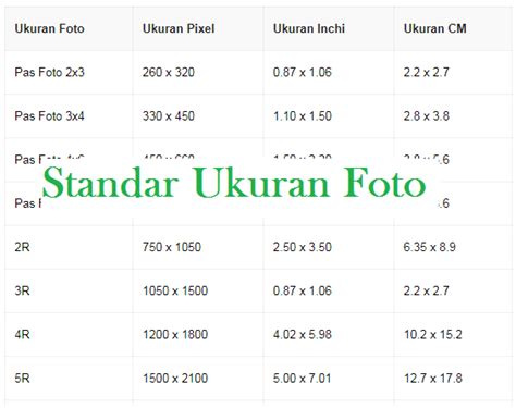 Standar Ukuran Foto 2x3 3x4 4x6 6x9 2R Sampai 30R Dalam CM Inchi Pixel
