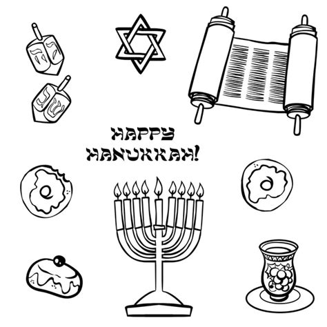 Hanukkah Traditional Symbols Set Menorah Dreidel Donut Davids Star