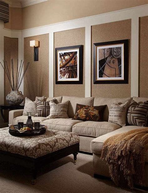Elegant Living Room Design Brown Beige Colors Ottoman Wall Paintings