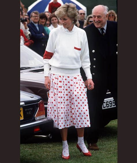 princess diana matched her red polka dot skirt with her dotty socks for a polo match in 1986