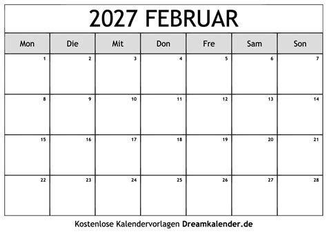 Ihnen fehlt ein kalender für das neue jahr, sie benötigen jedoch eher einen zweckmässigen kalender samt feiertagen zum ausdrucken statt einen teuren. Kalender Februar 2027
