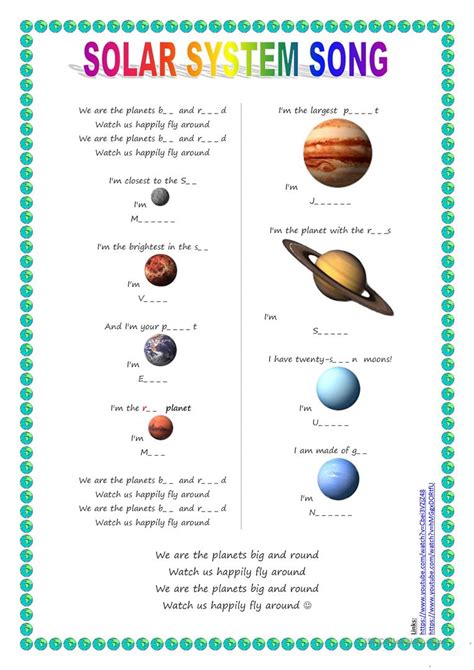 song for kids planets solar system song worksheet free esl
