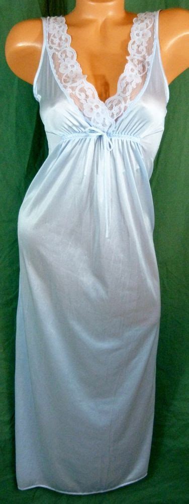 Texsheen Vintage 1950s Long Nightgown Blue Satin Small Medium Lace Gown
