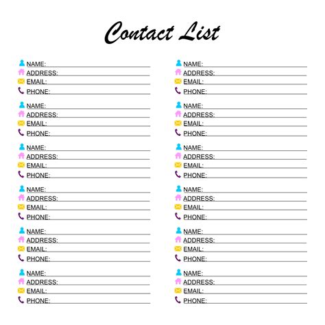 7 Best Phone Contact List Template Printable
