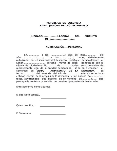 Acta De Notificacion Personal Republica De Colombia Rama Judicial Del