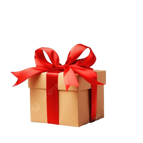 Bright Christmas Present Box Wrapped In Parchment Paper With Red Ribbon