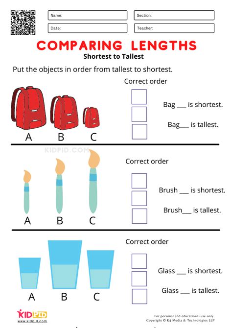 Shortest To Tallest Comparing Lengths Worksheets For Grade I Sight