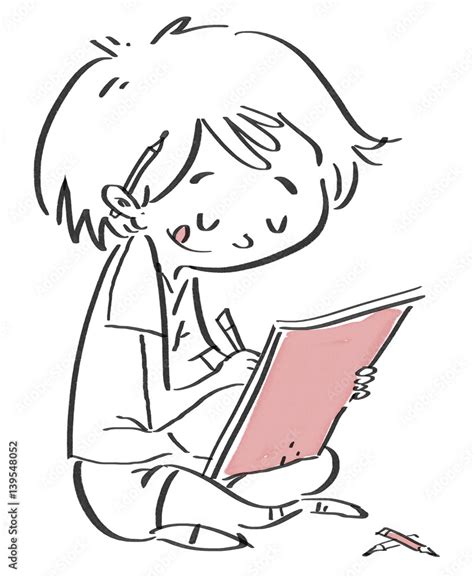 Niño Escribiendo En Una Libreta Dibujo De Contorno Stock イラスト Adobe