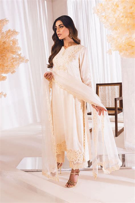 Embellished Ivory Pakistani Salwar Kameez Dupatta Suit Nameera By Farooq