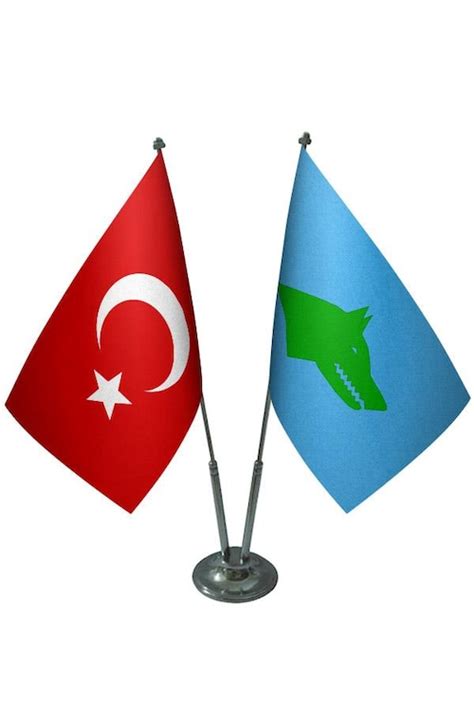 Masa Üstü Göktürk Bayrağı Türk Bayrağı İkili Krom Direk Masa Bayr
