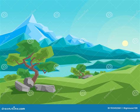Cartoon Summer Mountain And River On A Landscape Background Vector