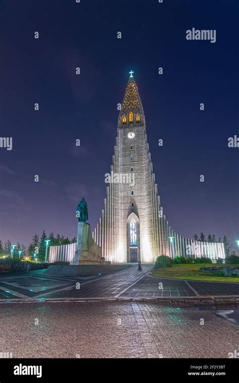 Night View Of Hallgrimskirkja Cathedral In Reykjavik Iceland Stock