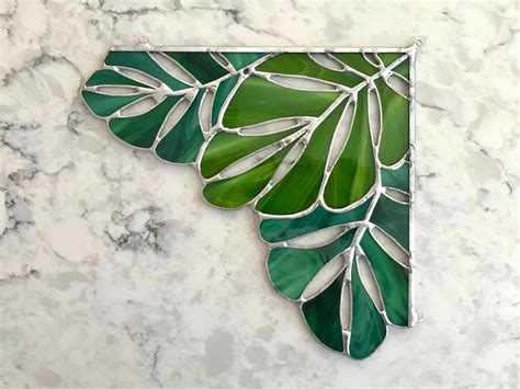 Green Tropical Leaf Stained Glass Corner Panel Etsy