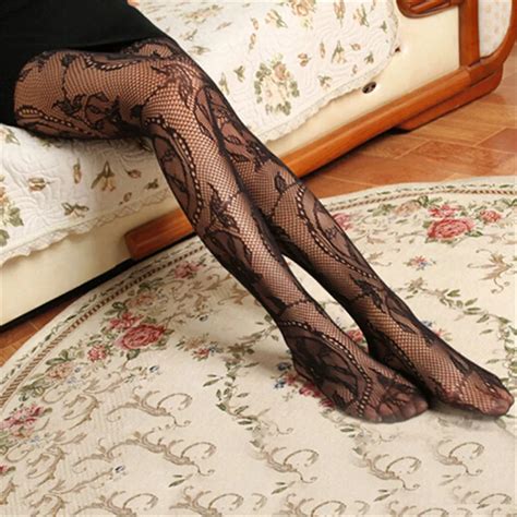 Women Black Stockings Floral Pattern Print Mesh Fishnet Pantyhose Women