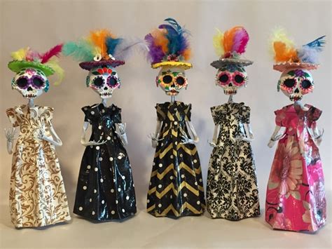 Elegant Paper Mache Catrina With Feathers Catrinas