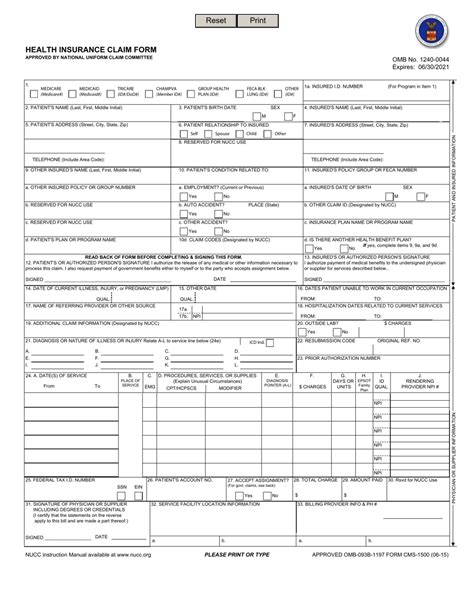 Health Insurance Claim Form 1500 Fillable Free Printable Forms Free