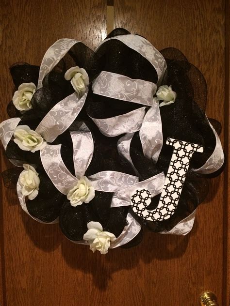 Black Mesh Wreath With White Rose Ribbon Letter J Mesh Wreaths Burlap Wreath Handcraft