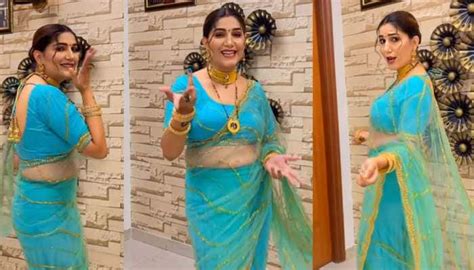 Sapna Choudharys Desi Dance On Ankhiyon Se Goli Maare In A Blue See Through Saree Hits Internet