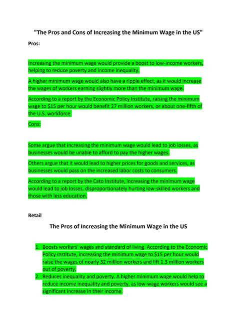 Solution The Pros And Cons Of Increasing The Minimum Wage In The Us