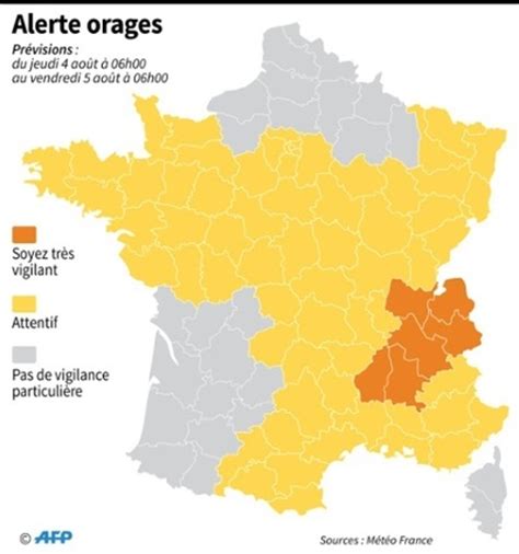 Cinq départements de l'est du pays sont encore concernés par la vigilance orange aux orages. Orages: vigilance orange dans six départements de Rhône ...