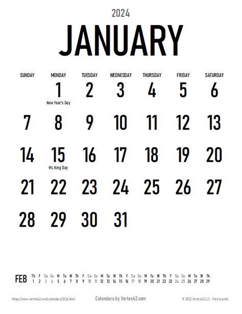 Free 2024 Large Number Calendar With Holidays Holiday Calendar 2024