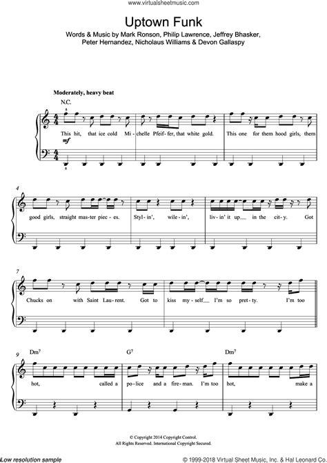Ronson Uptown Funk Featuring Bruno Mars Sheet Music For Piano Solo