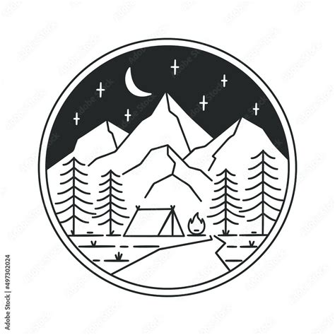 Camp Mountains Line Art Illustration Clip Art Design Shape Camping