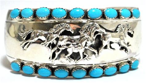 Old Pawn Navajo Turquoise Sterling Silver Running Horses Cuff Bracelet