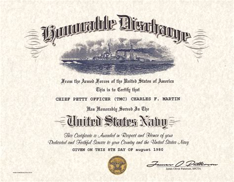 Navy Honorable Discharge Certificate Old Version