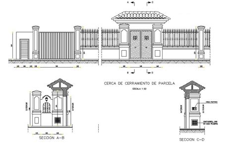 Entrance Gate And Compound Wall Detail 2d View Elevation And Section