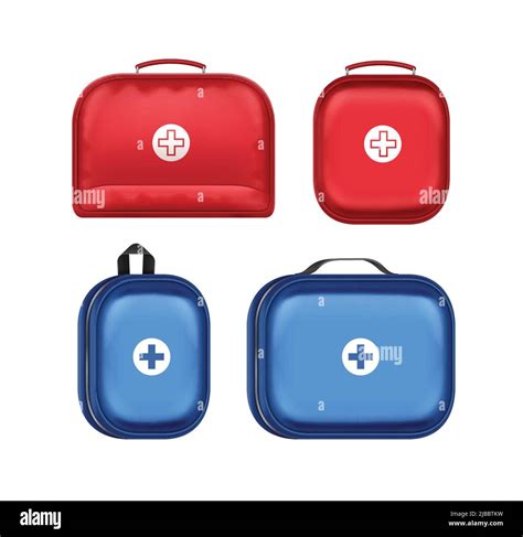Vector Set Of Different Blue And Red First Aid Kit Boxes With Cross