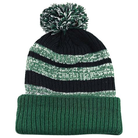 Winter Striped Cuffed Pom Pom Knit Soft Thick Beanie Skully Hat Green Black C012n42ctm3