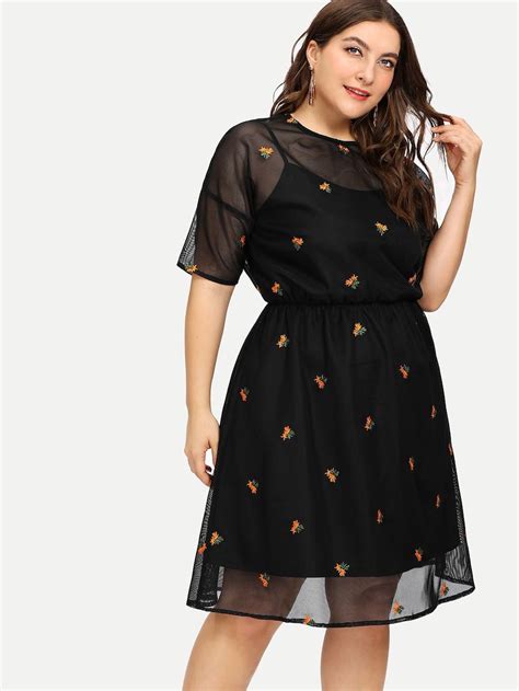 Plus Embroidered Sheer Mesh Overlay Dress Shein Dress P Shirt Dress Half Sleeve Dresses