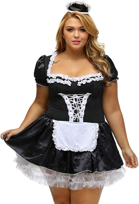 Nx Halloween Satin French Maid Adulto Uniforme Disfraz Disfraz Tallas Grandes Vestido Exótico